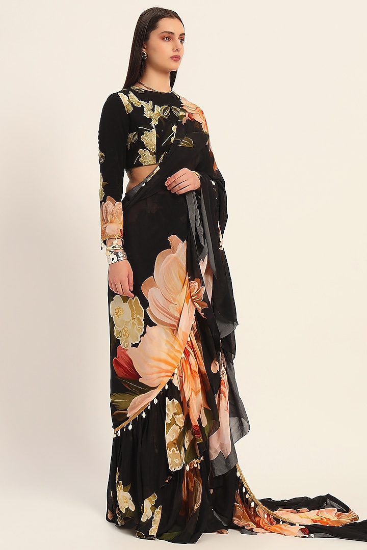 Black Chiffon Floral Digital Printed Pre-Draped Ruffled Wedding Saree Set by RUHR INDIA at Pernia's Pop Up Shop