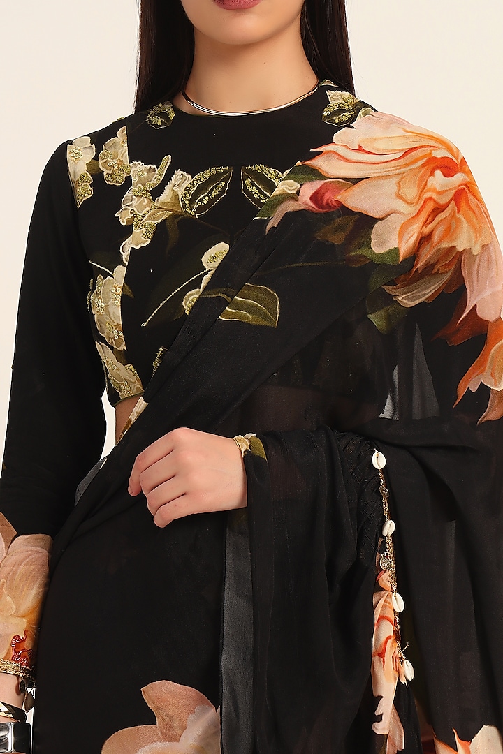 Black Chiffon Floral Digital Printed Pre-Draped Ruffled Wedding Saree Set by RUHR INDIA at Pernia's Pop Up Shop