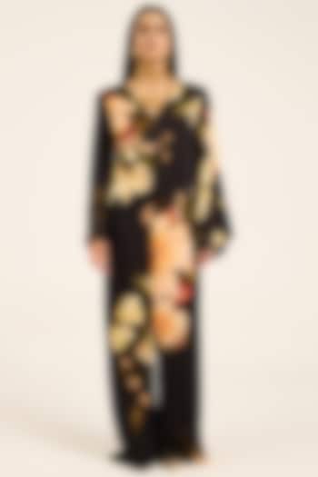 Black Satin Floral Digital Printed Jumpsuit With Belt by RUHR INDIA at Pernia's Pop Up Shop