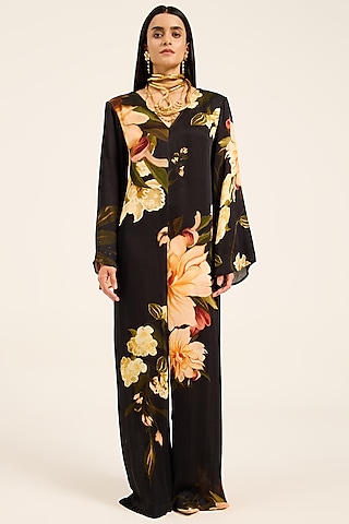 Black Satin Floral Digital Printed Jumpsuit With Belt by RUHR INDIA