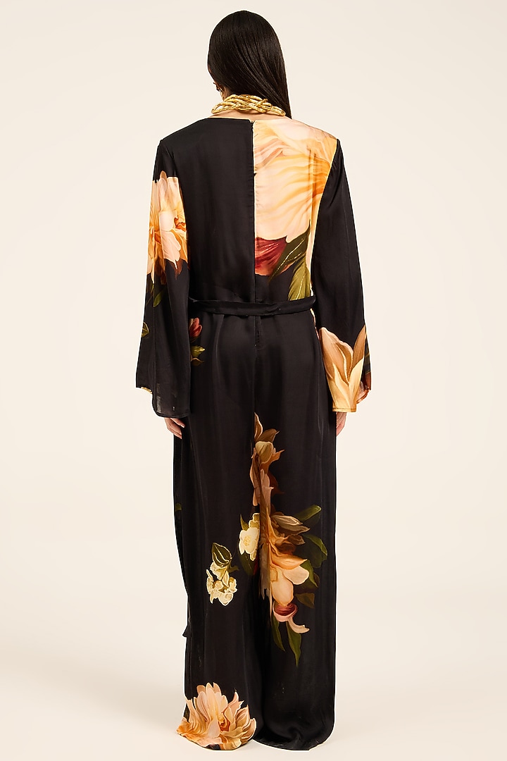 Black Satin Floral Digital Printed Jumpsuit With Belt by RUHR INDIA at Pernia's Pop Up Shop