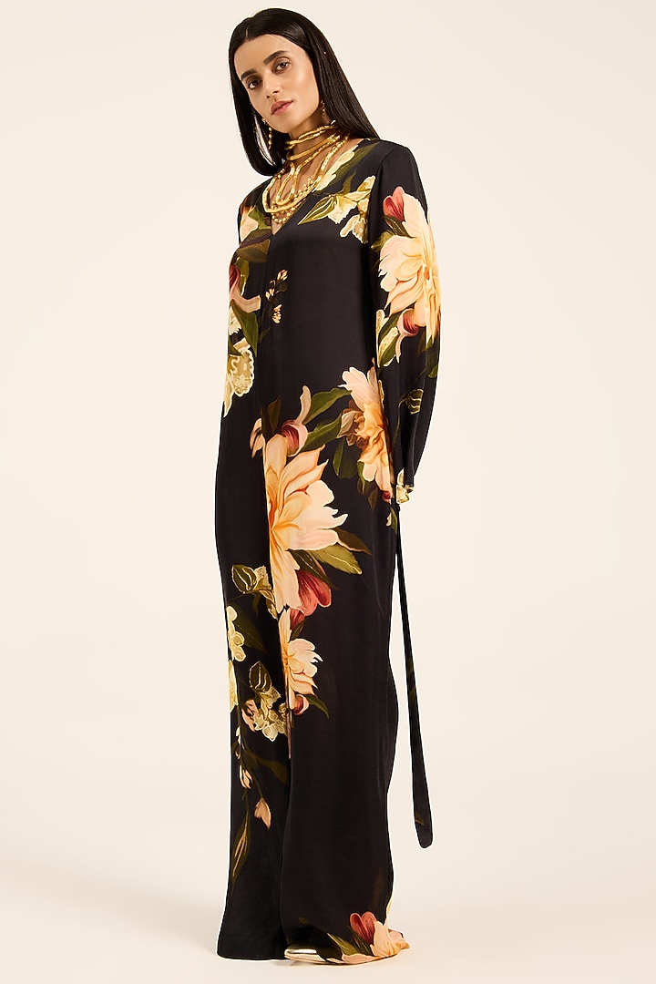 Black Satin Floral Digital Printed Jumpsuit With Belt by RUHR INDIA at Pernia's Pop Up Shop