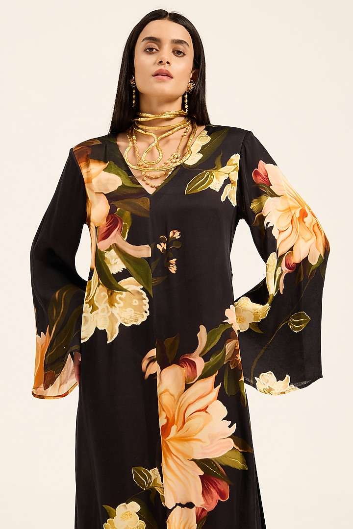 Black Satin Floral Digital Printed Jumpsuit With Belt by RUHR INDIA at Pernia's Pop Up Shop