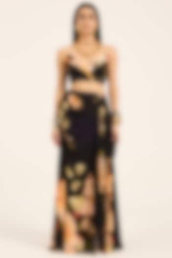 Black Satin Floral Digital Printed Cowl Dhoti Skirt Set by RUHR INDIA at Pernia's Pop Up Shop