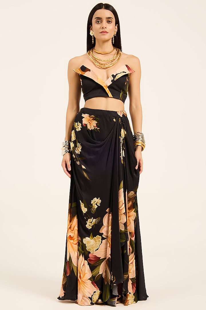Black Satin Floral Digital Printed Cowl Dhoti Skirt Set by RUHR INDIA at Pernia's Pop Up Shop