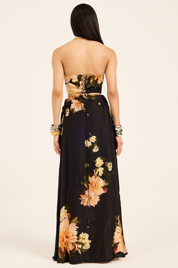 Black Satin Floral Digital Printed Cowl Dhoti Skirt Set by RUHR INDIA at Pernia's Pop Up Shop