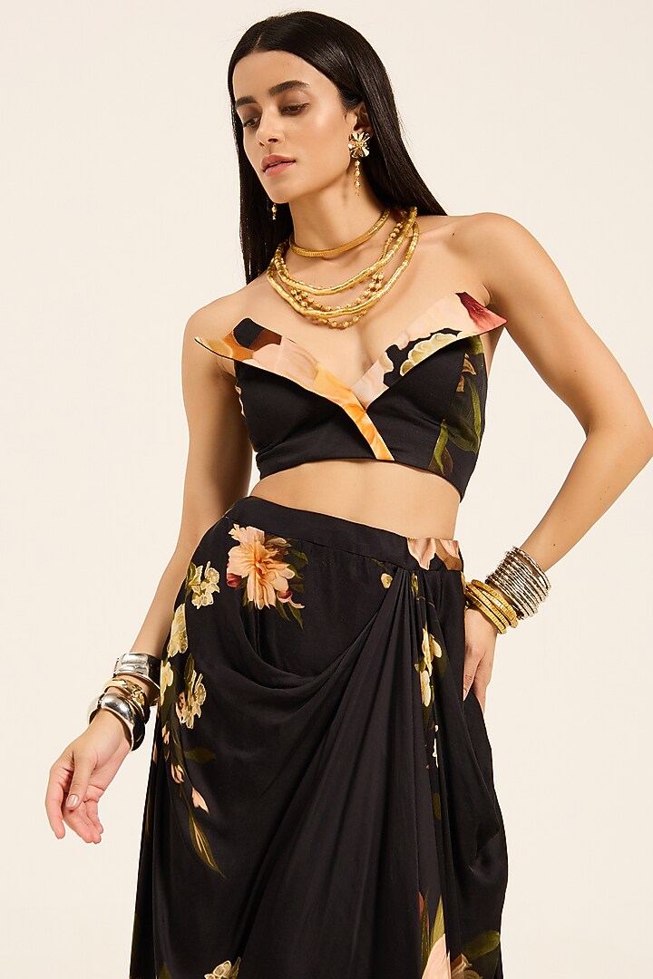 Black Satin Floral Digital Printed Cowl Dhoti Skirt Set by RUHR INDIA at Pernia's Pop Up Shop