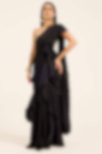 Black Satin & Metallic Lycra Pre-Draped Party Wear Saree Set by RUHR INDIA at Pernia's Pop Up Shop