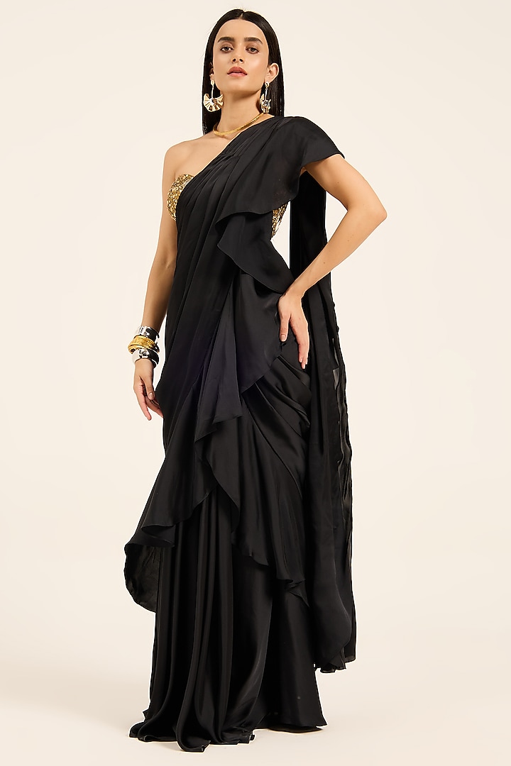 Black Satin & Metallic Lycra Pre-Draped Party Wear Saree Set by RUHR INDIA at Pernia's Pop Up Shop