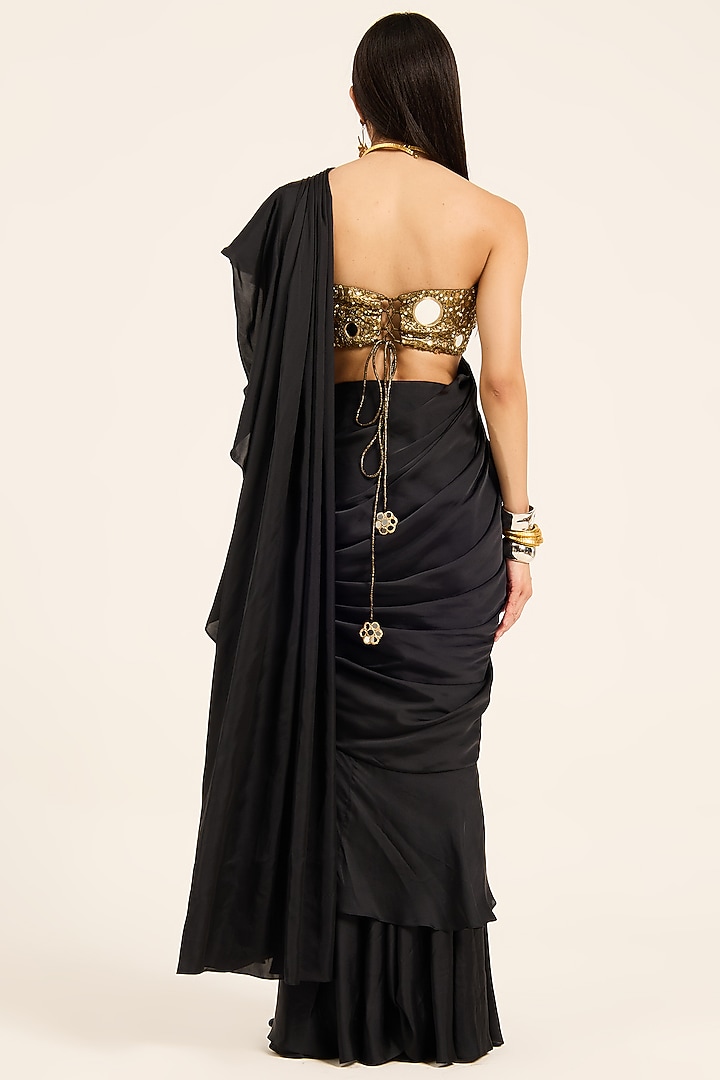 Black Satin & Metallic Lycra Pre-Draped Party Wear Saree Set by RUHR INDIA at Pernia's Pop Up Shop