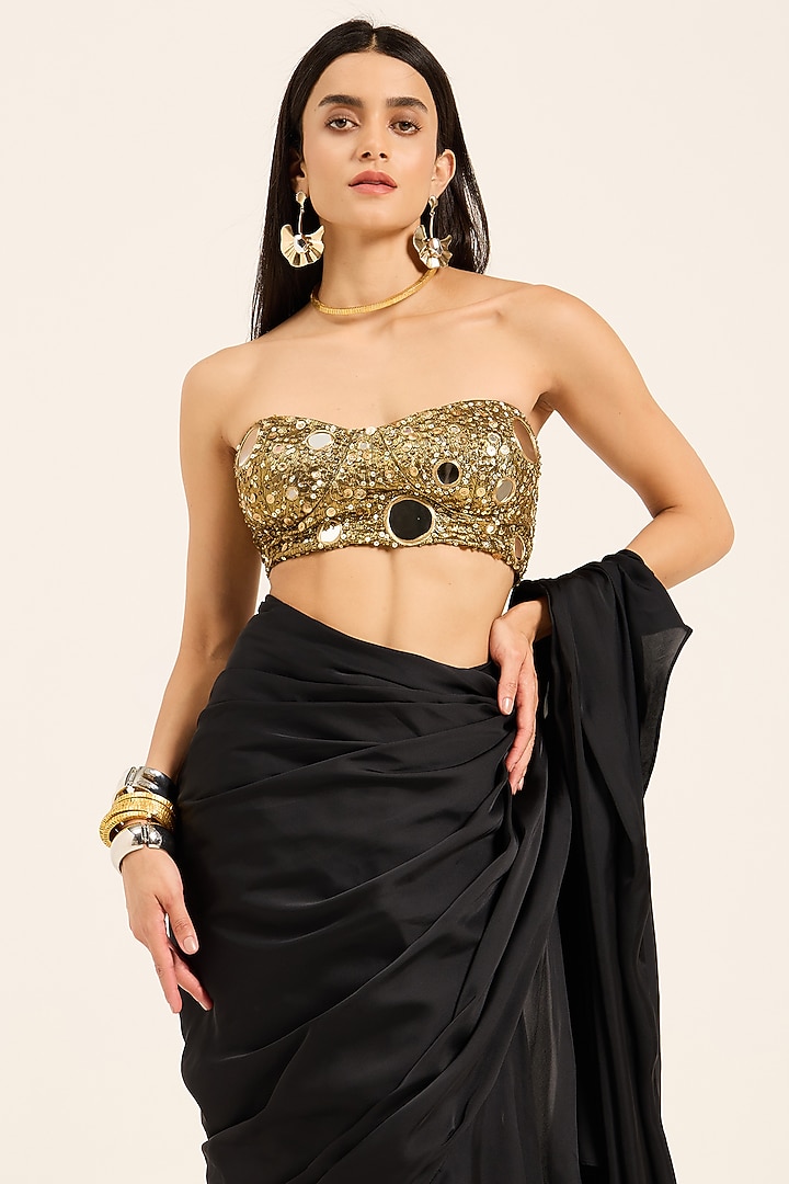 Black Satin & Metallic Lycra Pre-Draped Party Wear Saree Set by RUHR INDIA at Pernia's Pop Up Shop