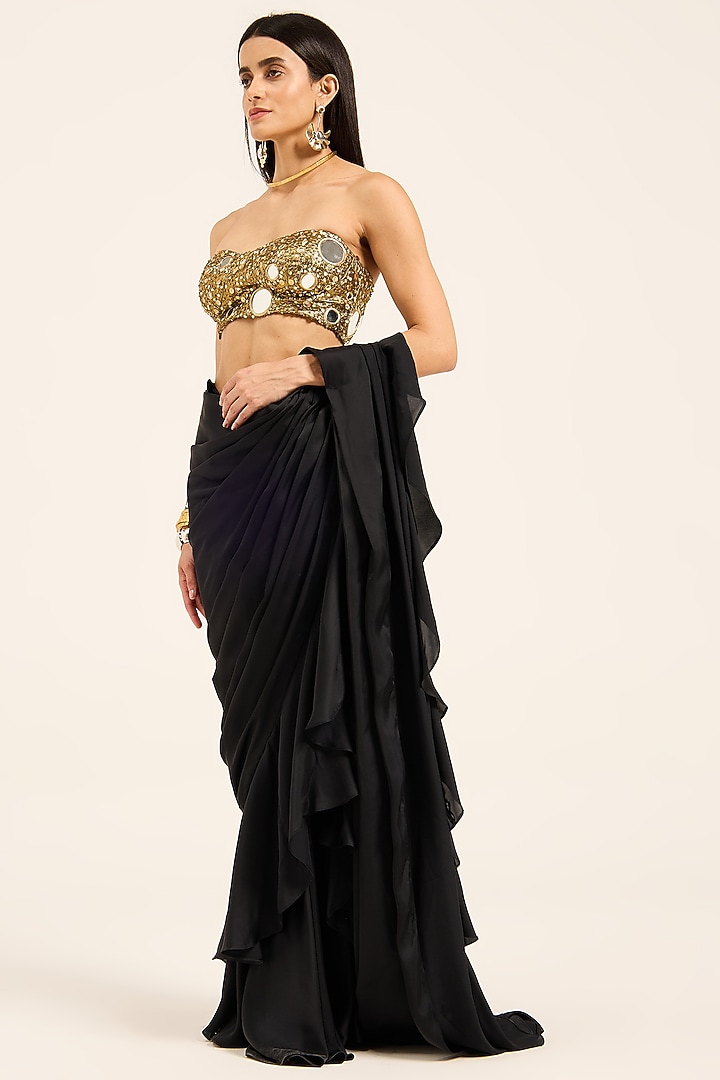 Black Satin & Metallic Lycra Pre-Draped Party Wear Saree Set by RUHR INDIA at Pernia's Pop Up Shop
