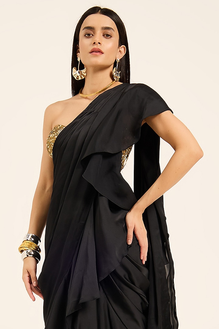 Black Satin & Metallic Lycra Pre-Draped Party Wear Saree Set by RUHR INDIA at Pernia's Pop Up Shop