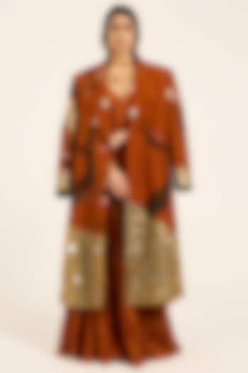 Rust Orange Raw Silk Mirror Embroidered Overcoat by RUHR INDIA at Pernia's Pop Up Shop