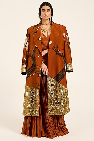Rust Orange Raw Silk Mirror Embroidered Overcoat by RUHR INDIA