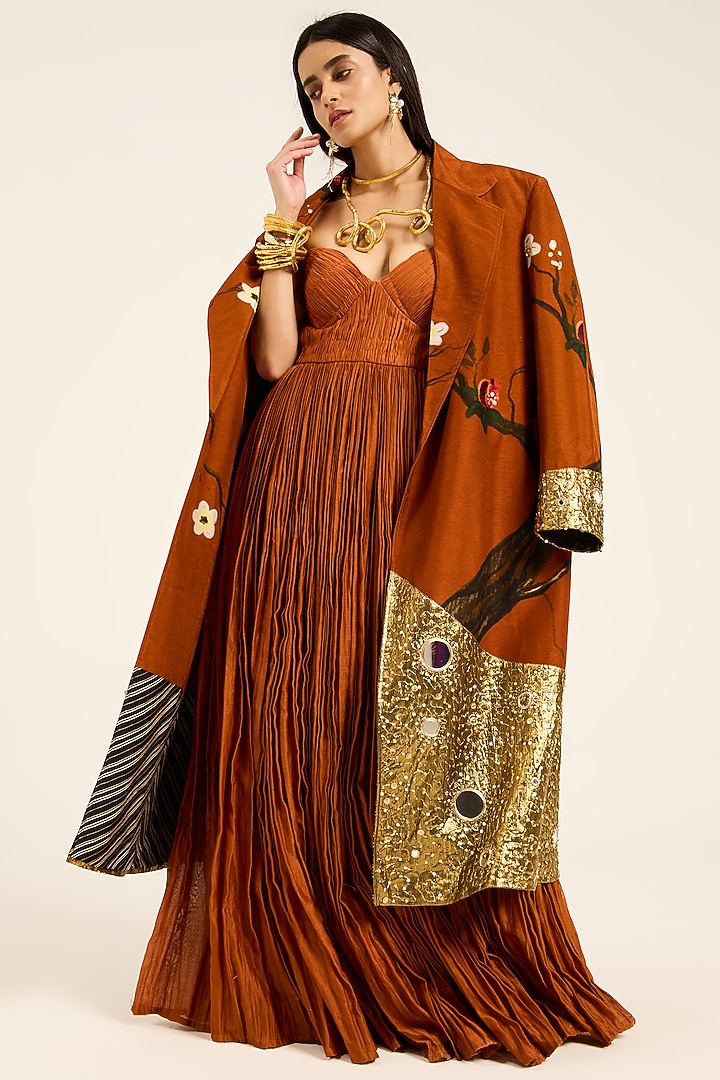 Rust Orange Raw Silk Mirror Embroidered Overcoat by RUHR INDIA at Pernia's Pop Up Shop