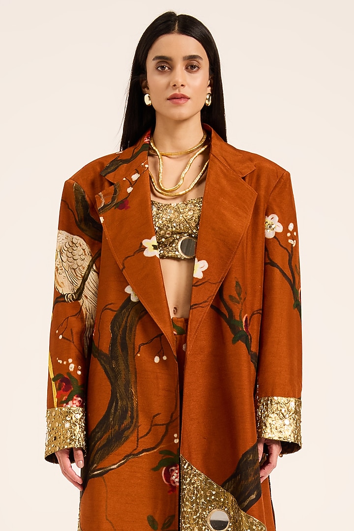 Rust Orange Raw Silk Mirror Embroidered Overcoat by RUHR INDIA at Pernia's Pop Up Shop