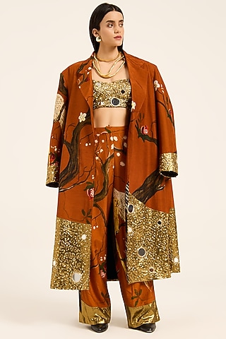 Rust Orange Raw Silk Digital Printed Straight-Fit Pants by RUHR INDIA