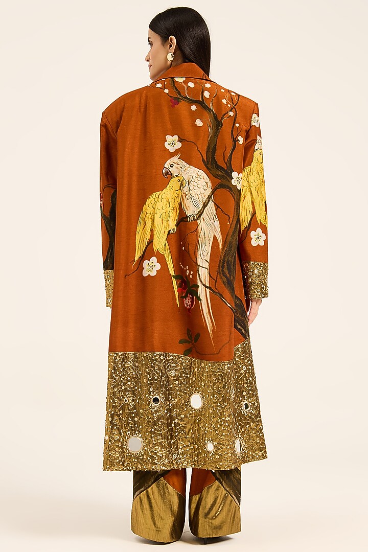 Rust Orange Raw Silk Digital Printed Straight-Fit Pants by RUHR INDIA at Pernia's Pop Up Shop