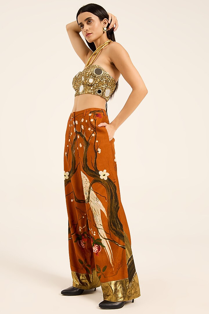 Rust Orange Raw Silk Digital Printed Straight-Fit Pants by RUHR INDIA at Pernia's Pop Up Shop