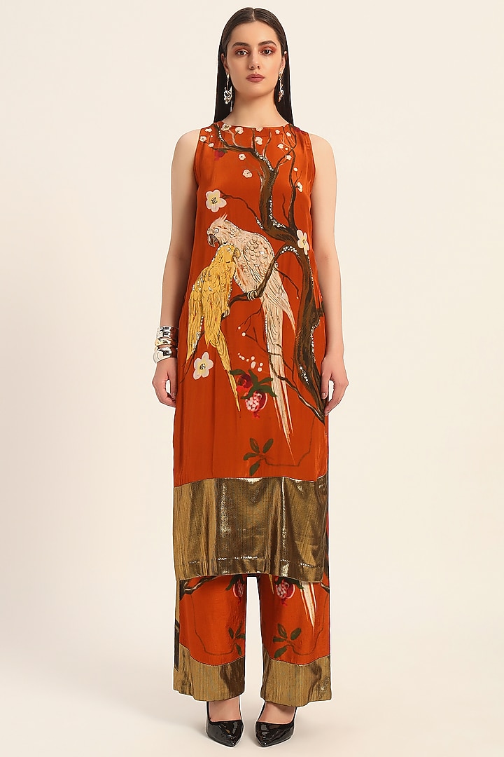 Rust Orange Crepe Digital Printed & Hand Embroidered Kurta Set by RUHR INDIA at Pernia's Pop Up Shop