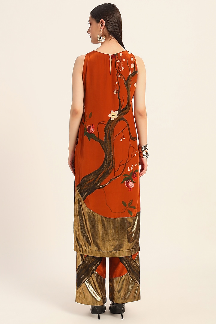 Rust Orange Crepe Digital Printed & Hand Embroidered Kurta Set by RUHR INDIA at Pernia's Pop Up Shop