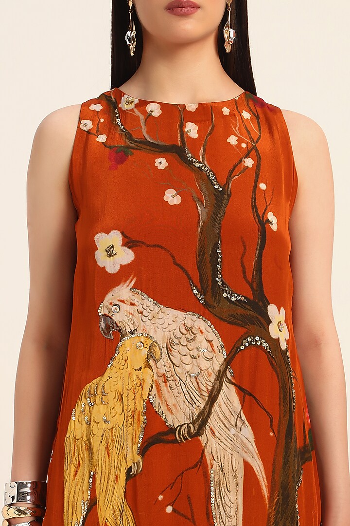 Rust Orange Crepe Digital Printed & Hand Embroidered Kurta Set by RUHR INDIA at Pernia's Pop Up Shop
