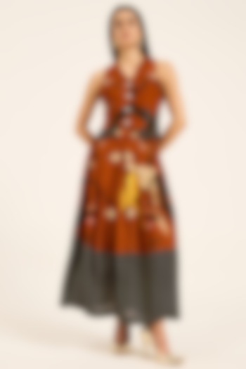 Rust Orange Dola Silk Digital Printed Skirt Set by RUHR INDIA at Pernia's Pop Up Shop