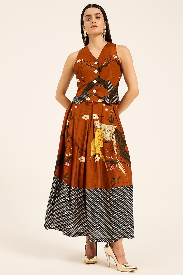 Rust Orange Dola Silk Digital Printed Skirt Set by RUHR INDIA at Pernia's Pop Up Shop