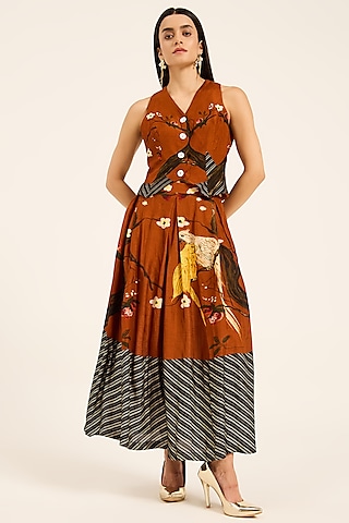 Rust Orange Dola Silk Digital Printed Skirt Set by RUHR INDIA