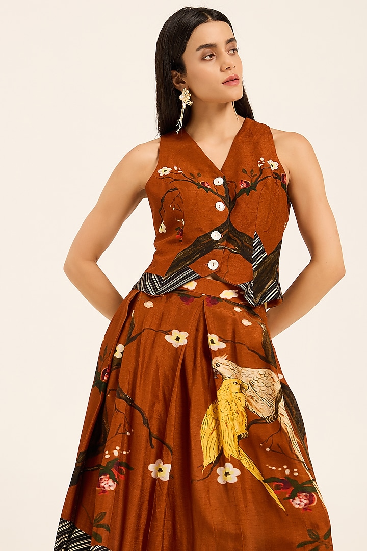 Rust Orange Dola Silk Digital Printed Skirt Set by RUHR INDIA at Pernia's Pop Up Shop