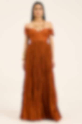 Rust Orange Chanderi Silk Off-Shoulder Maxi Vacation Dress by RUHR INDIA at Pernia's Pop Up Shop