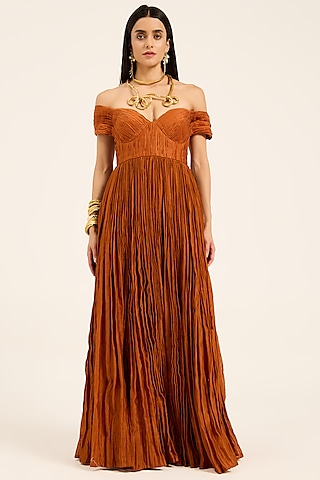 Rust Orange Chanderi Silk Off-Shoulder Maxi Dress by RUHR INDIA