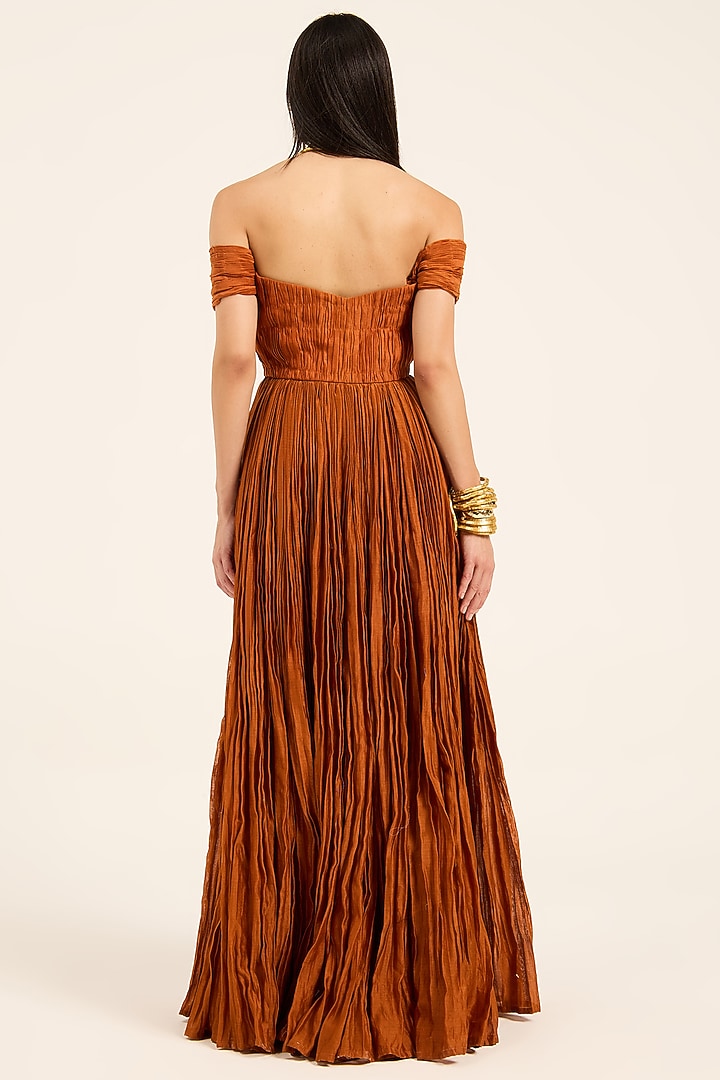 Rust Orange Chanderi Silk Off-Shoulder Maxi Vacation Dress by RUHR INDIA at Pernia's Pop Up Shop