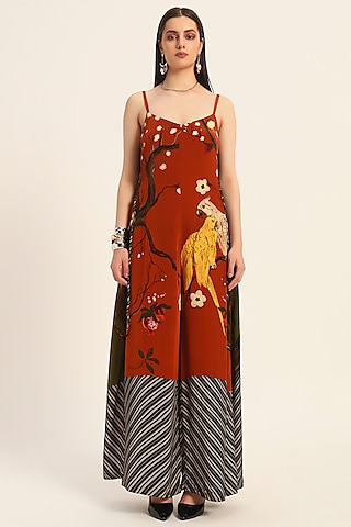 Rust Orange Crepe Digital Printed Jumpsuit by RUHR INDIA