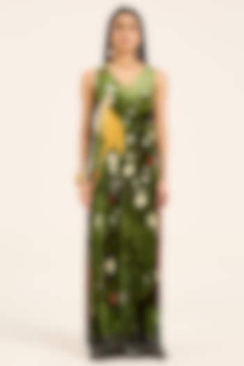 Green Silk Velvet Digital Printed Jumpsuit by RUHR INDIA at Pernia's Pop Up Shop