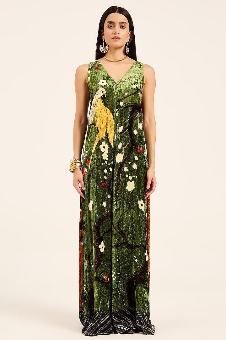 Green Silk Velvet Digital Printed Jumpsuit by RUHR INDIA at Pernia's Pop Up Shop