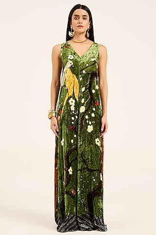 Green Silk Velvet Digital Printed Jumpsuit by RUHR INDIA