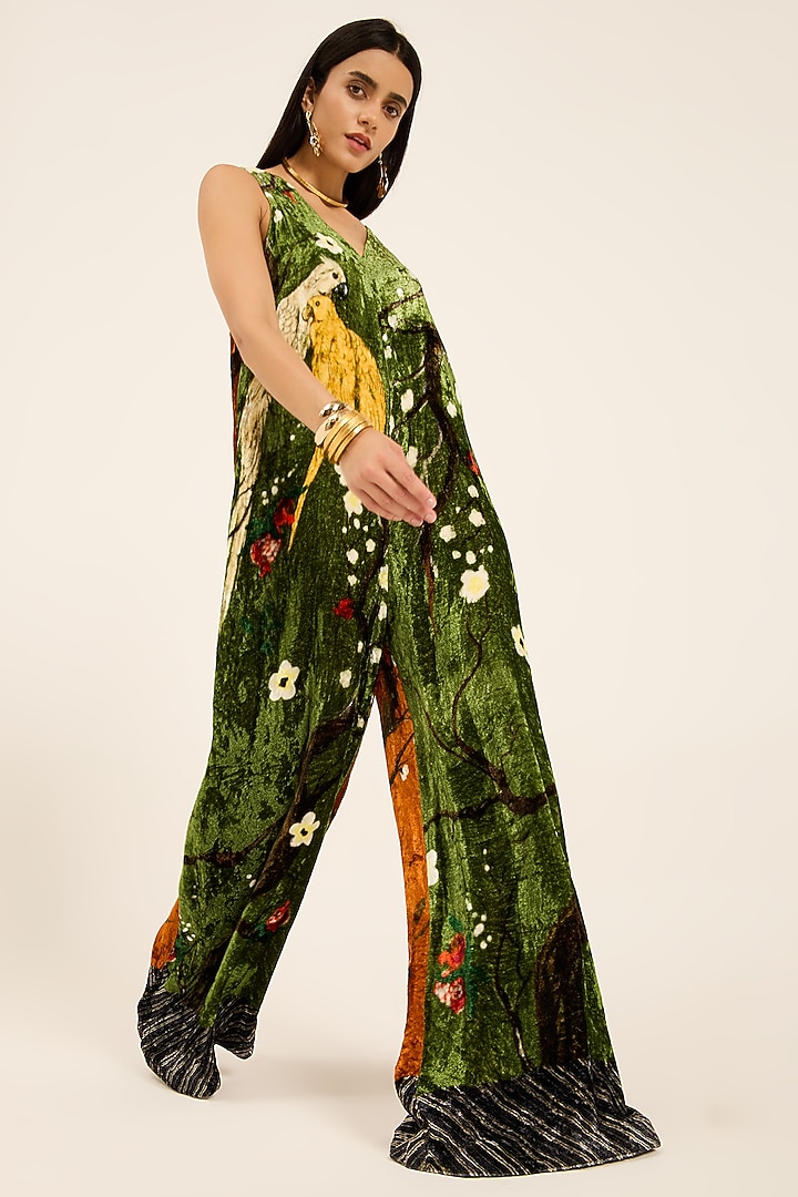 Green Silk Velvet Digital Printed Jumpsuit by RUHR INDIA at Pernia's Pop Up Shop