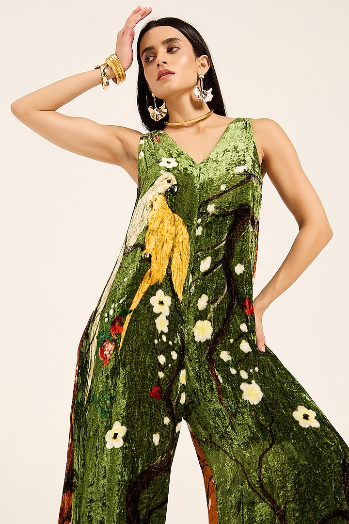 Green Silk Velvet Digital Printed Jumpsuit by RUHR INDIA at Pernia's Pop Up Shop
