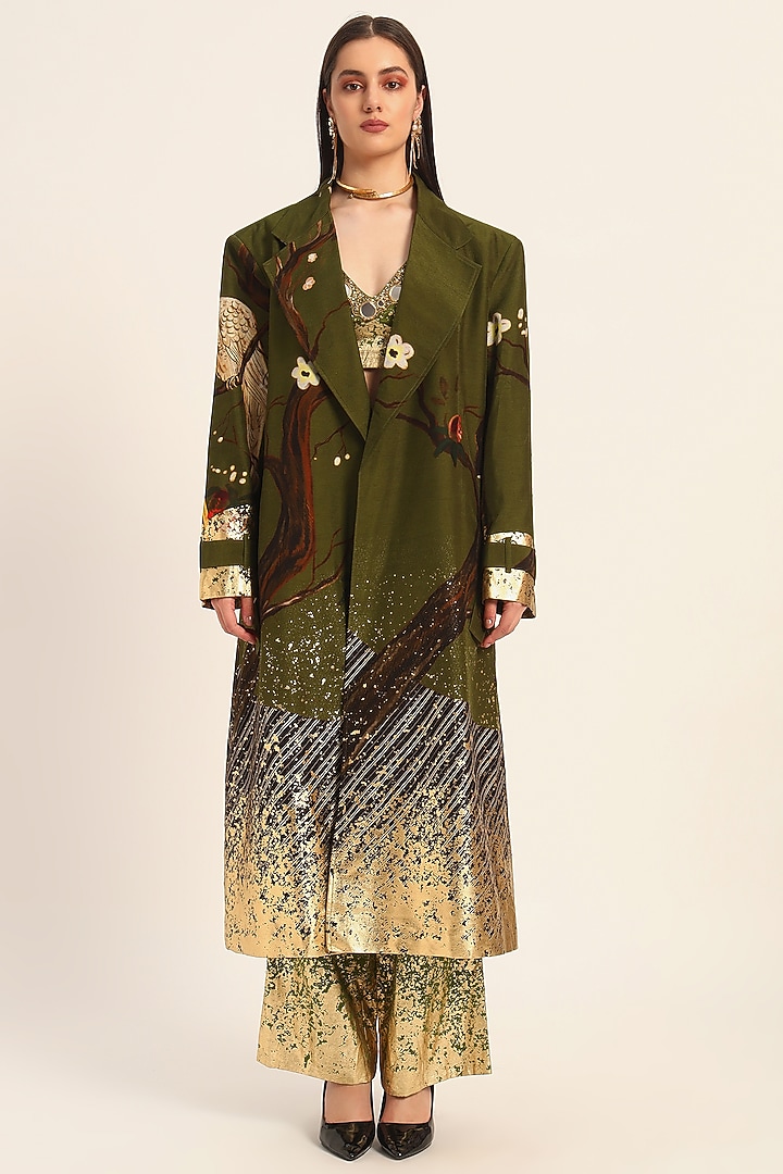 Green Raw Silk Foil Printed Overcoat by RUHR INDIA at Pernia's Pop Up Shop