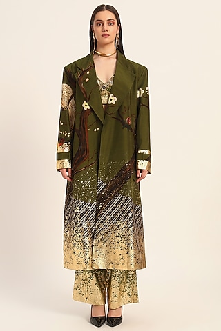 Green Raw Silk Foil Printed Overcoat by RUHR INDIA