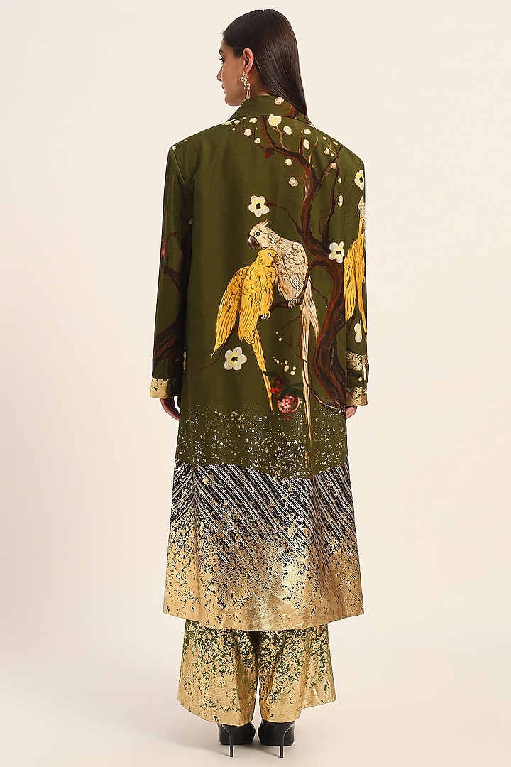 Green Raw Silk Foil Printed Overcoat by RUHR INDIA at Pernia's Pop Up Shop