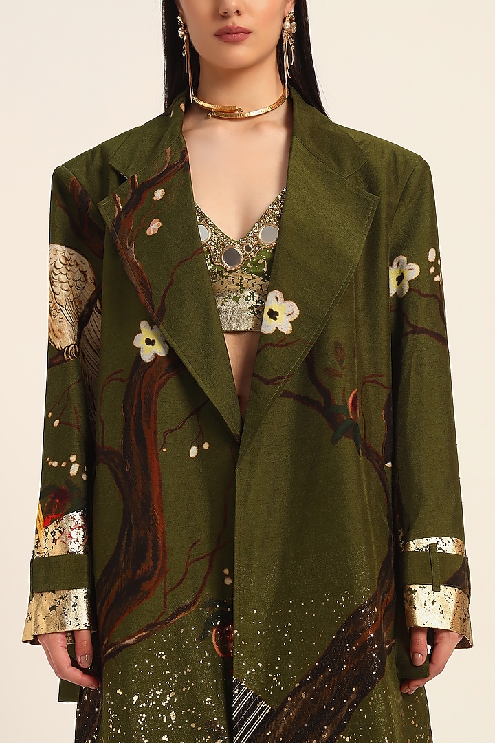 Green Raw Silk Foil Printed Overcoat by RUHR INDIA at Pernia's Pop Up Shop