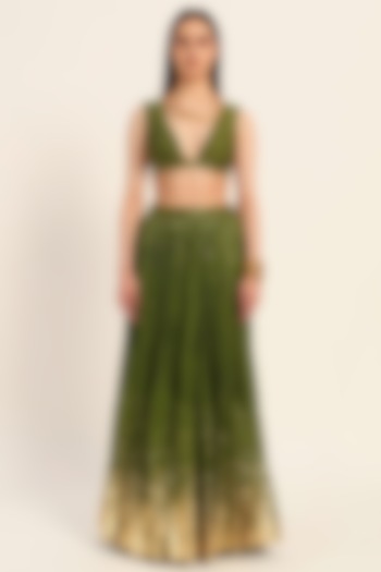 Green Silk Chanderi Foil Printed Hand Micro Pleated Skirt Set by RUHR INDIA at Pernia's Pop Up Shop