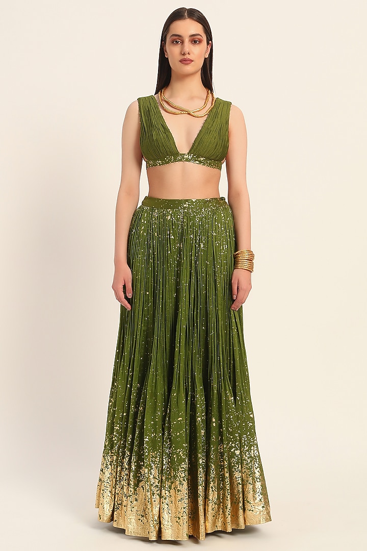 Green Silk Chanderi Foil Printed Hand Micro Pleated Skirt Set by RUHR INDIA at Pernia's Pop Up Shop