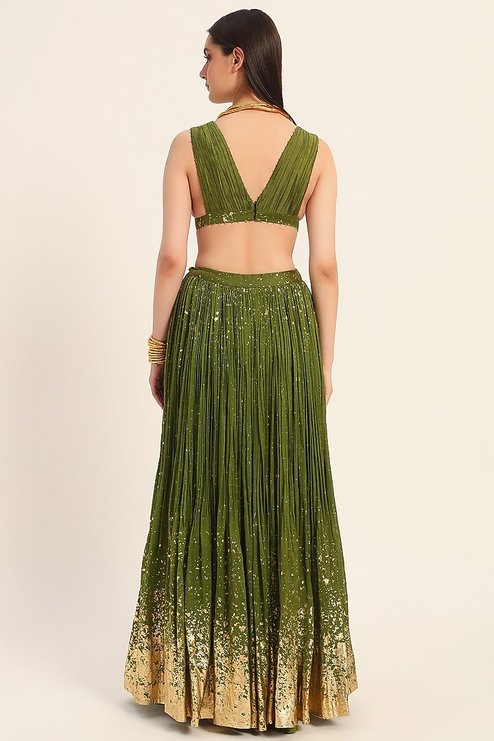 Green Silk Chanderi Foil Printed Hand Micro Pleated Skirt Set by RUHR INDIA at Pernia's Pop Up Shop