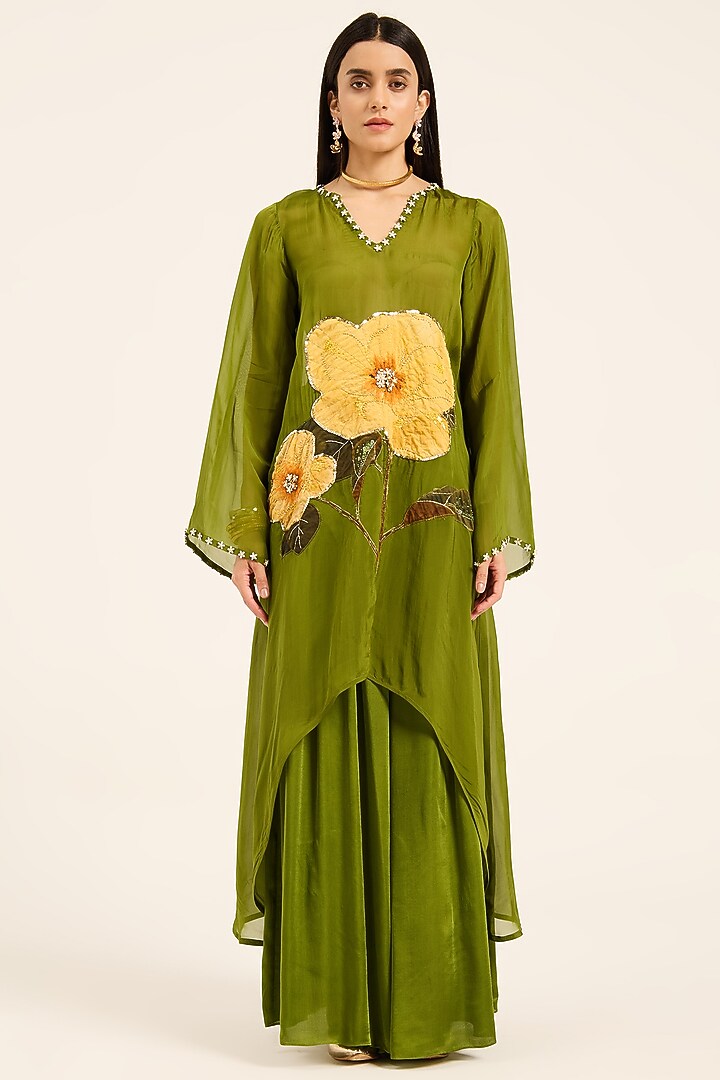 Green Organza Digital Printed Flared Kurta Set by RUHR INDIA at Pernia's Pop Up Shop