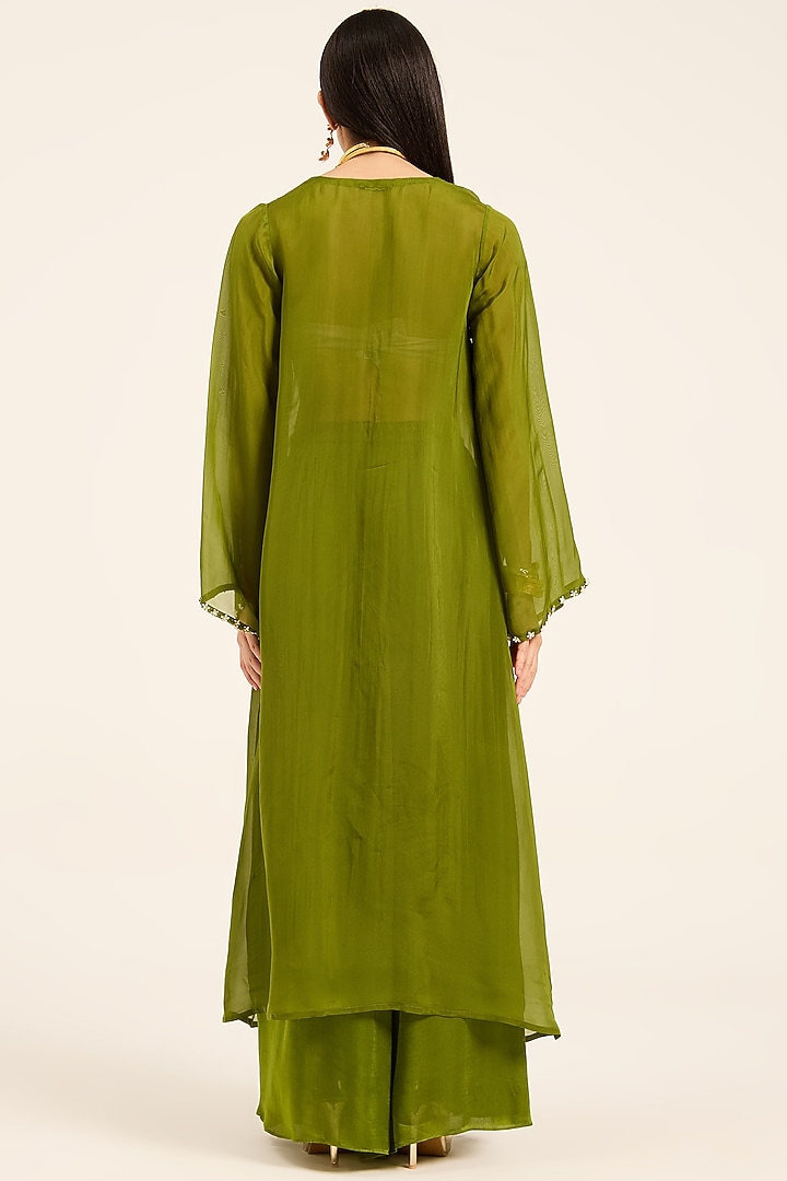 Green Organza Digital Printed Flared Kurta Set by RUHR INDIA at Pernia's Pop Up Shop
