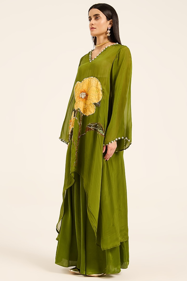 Green Organza Digital Printed Flared Kurta Set by RUHR INDIA at Pernia's Pop Up Shop